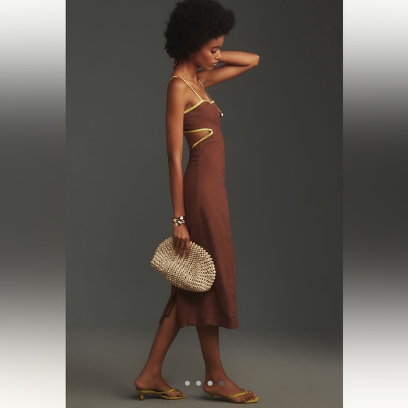 Maeve Anthropologie Dafni Cutout Linen Midi Dress Brown/Lime Green L - Picture 4 of 10